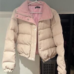 SHEIN Pink Corduroy Puffer Jacket with Soft Pink Collar